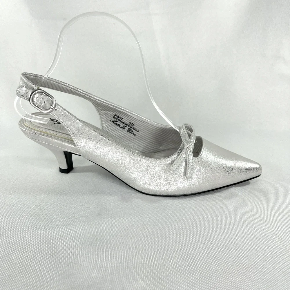 Easy Street Womens Emerin Sling Back Kitten Heel Pump. Color Silver. Siz…